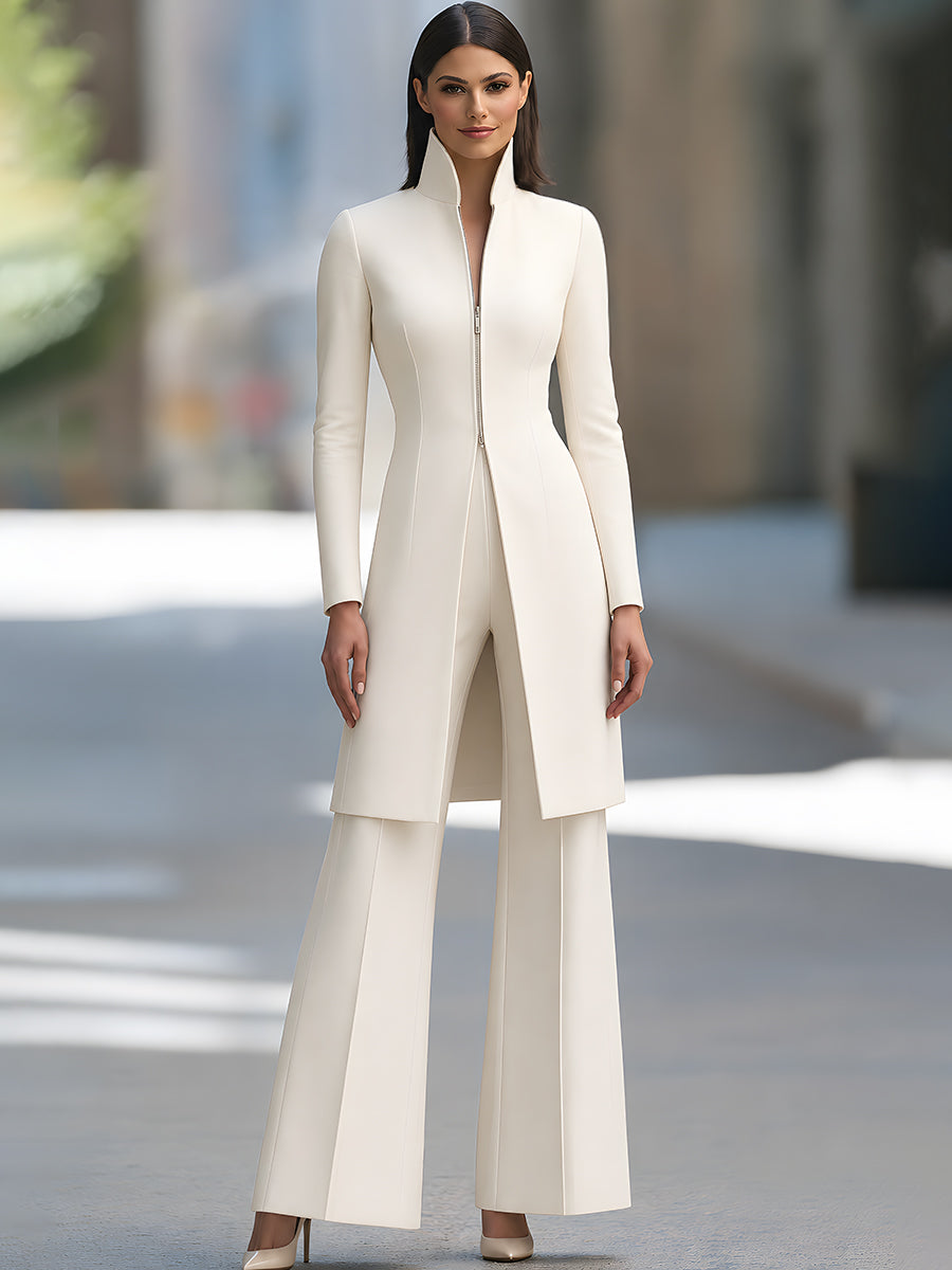 Stand-Collar Zip-Front Longline Jacket And Wide-Leg Pants Set