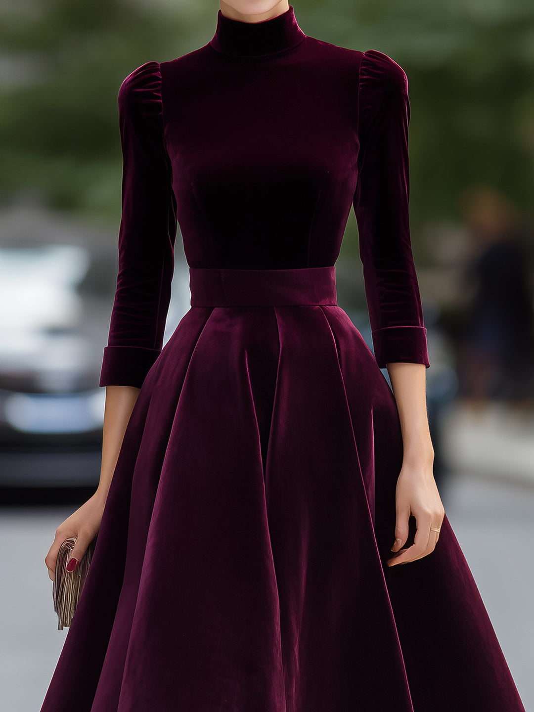 Velvet High-Neck A-Line Midi Dress