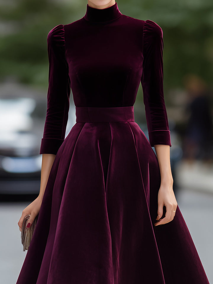 Velvet High-Neck A-Line Midi Dress