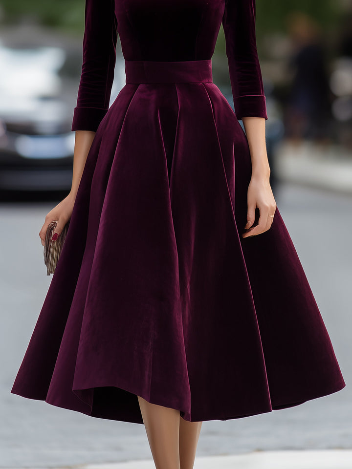 Velvet High-Neck A-Line Midi Dress