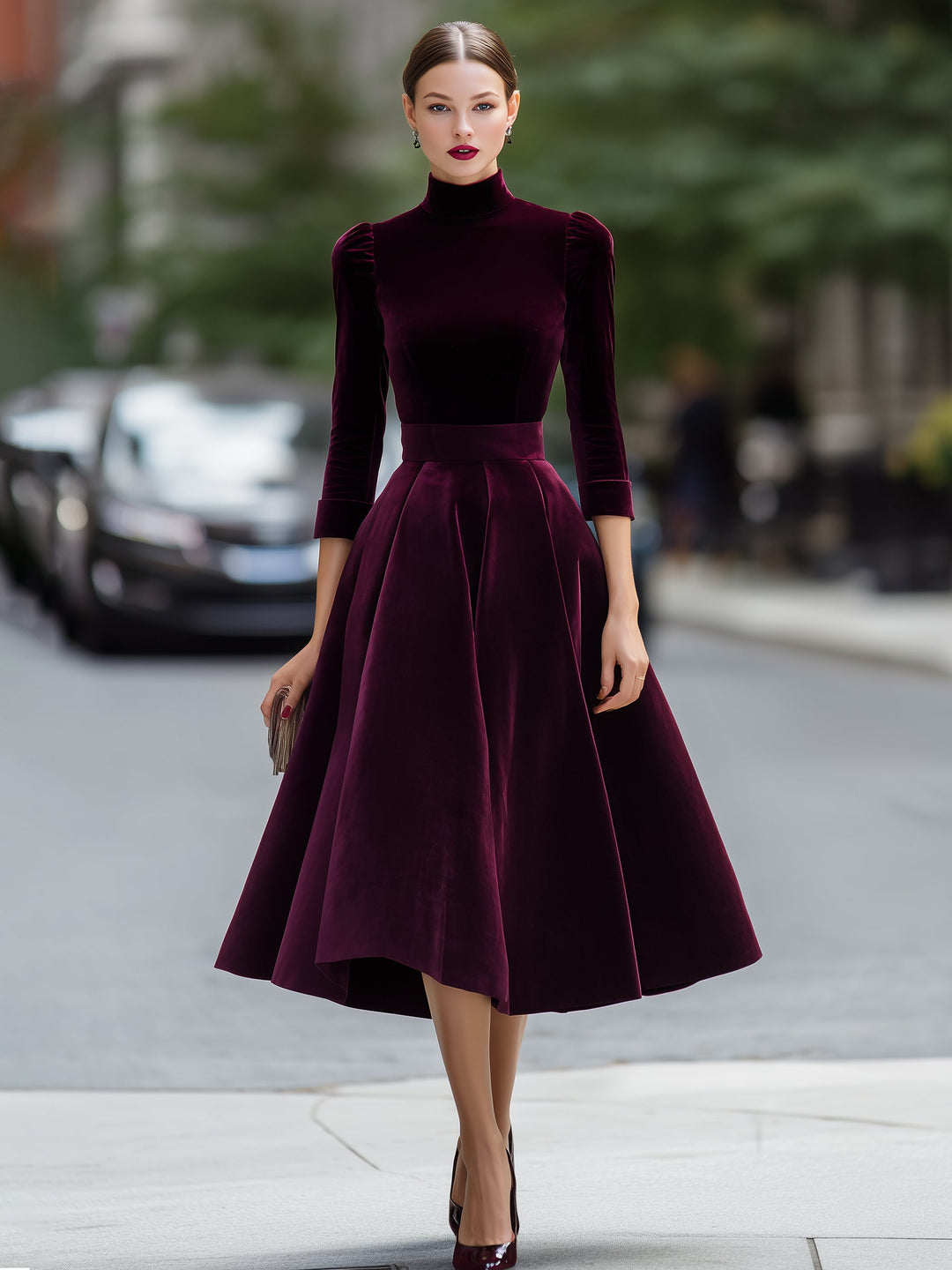Velvet High-Neck A-Line Midi Dress
