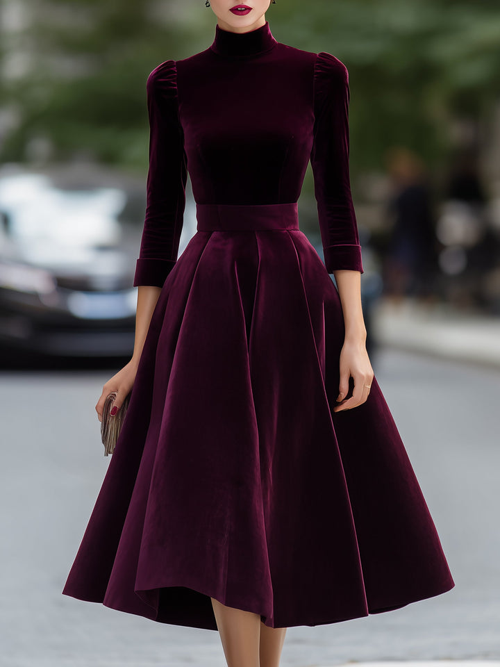 Velvet High-Neck A-Line Midi Dress