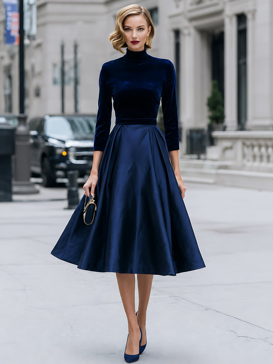 Velvet And Satin High-Neck A-Line Midi Dress
