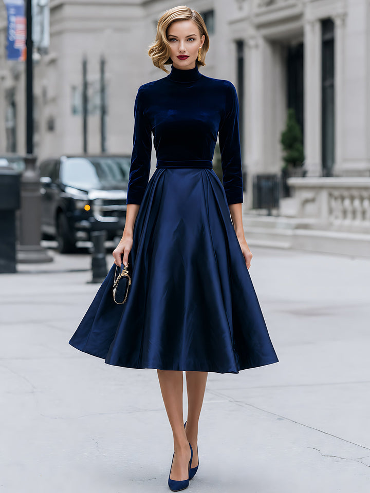 Velvet And Satin High-Neck A-Line Midi Dress