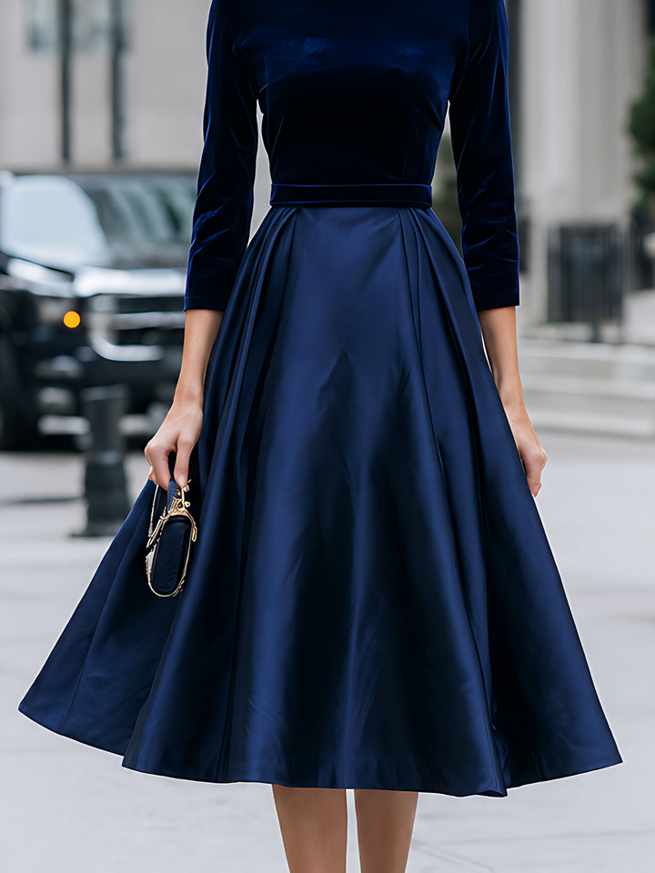 Velvet And Satin High-Neck A-Line Midi Dress