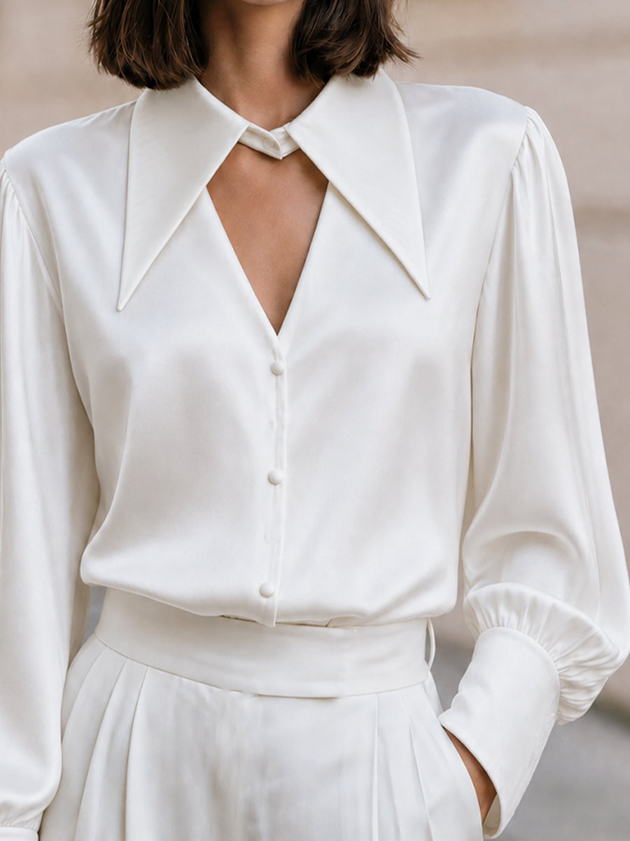 Satin Pointed Collar Blouse, Business & Smart Semi-Formal Outfit