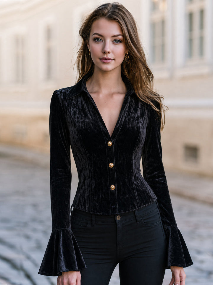 Velvet Collared Corset Flare Cuff Blouse