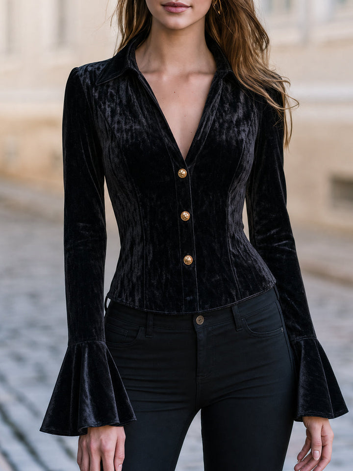 Velvet Collared Corset Flare Cuff Blouse