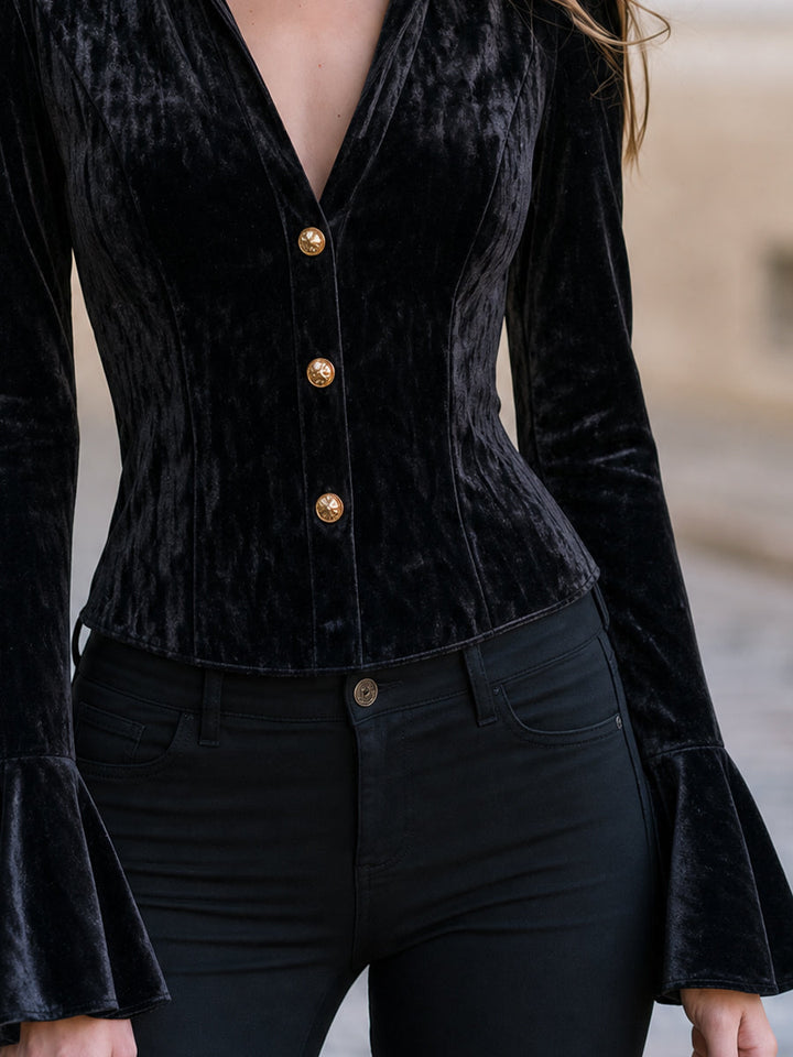 Velvet Collared Corset Flare Cuff Blouse
