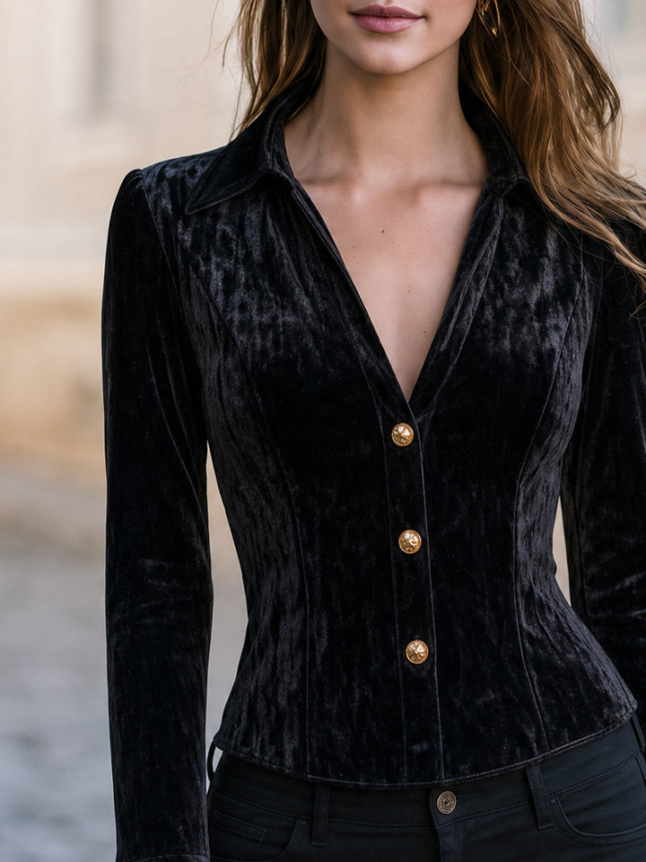 Velvet Collared Corset Flare Cuff Blouse