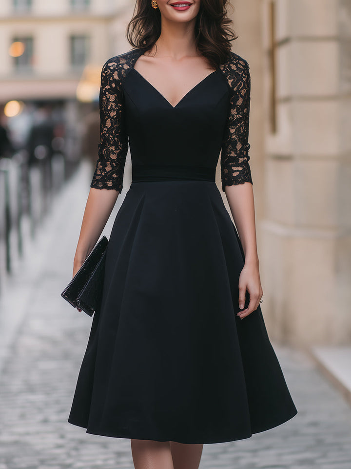 Sweetheart-Neck Lace-Sleeve Fit-and-Flare Midi Dress