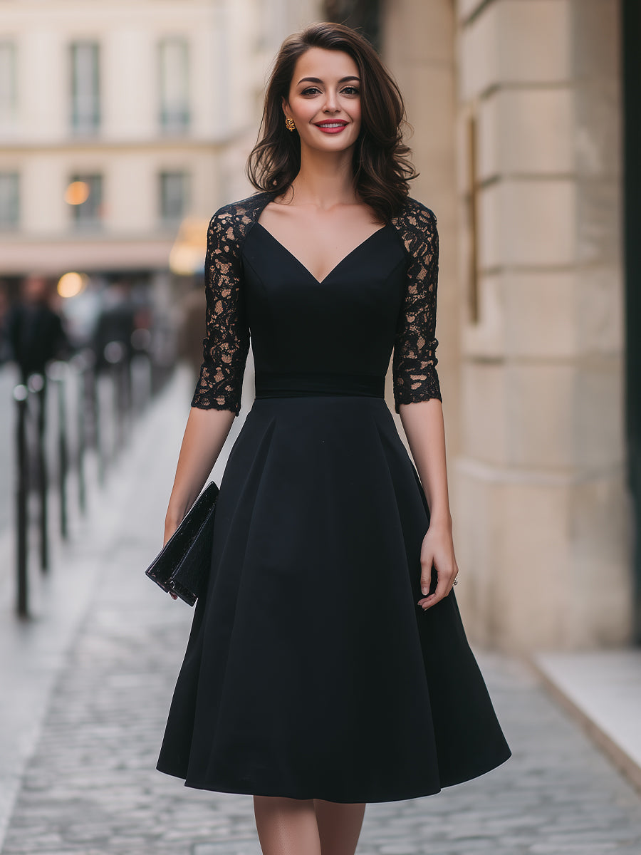 Sweetheart-Neck Lace-Sleeve Fit-and-Flare Midi Dress