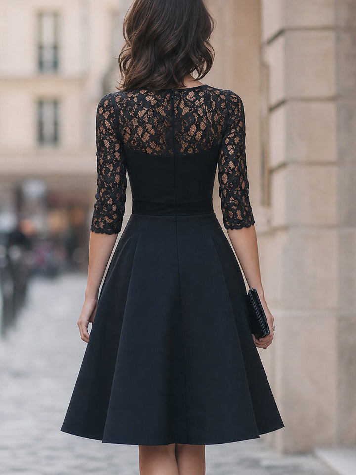 Sweetheart-Neck Lace-Sleeve Fit-and-Flare Midi Dress