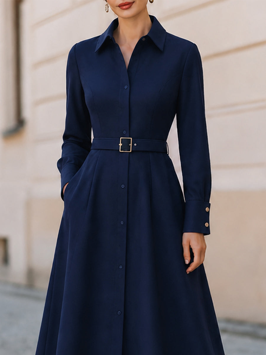 Belted  Midi A-Line Shirt Dress, Business Work & Smart Church Outfit