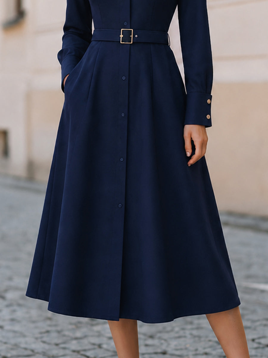 Belted  Midi A-Line Shirt Dress, Business Work & Smart Church Outfit