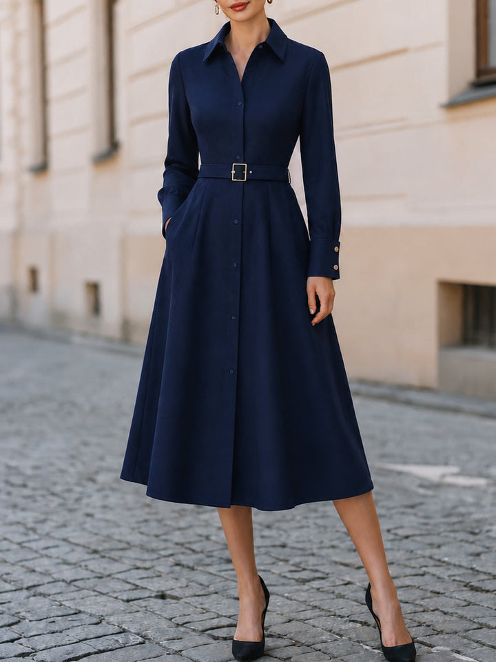 Belted  Midi A-Line Shirt Dress, Business Work & Smart Church Outfit