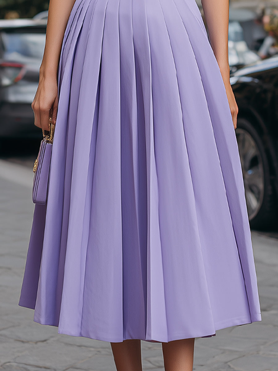 Tailored Button-Front Pleated Midi Dress