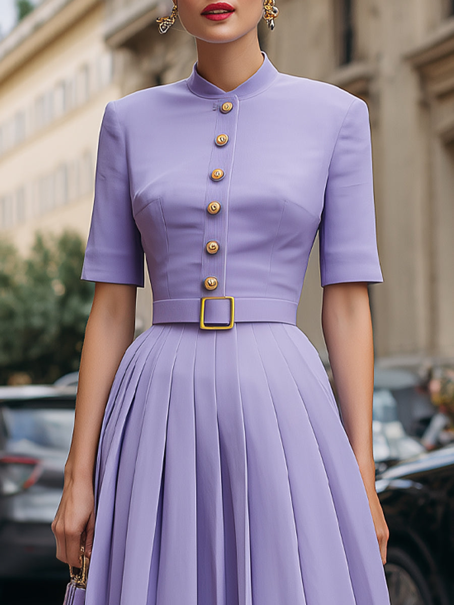 Tailored Button-Front Pleated Midi Dress