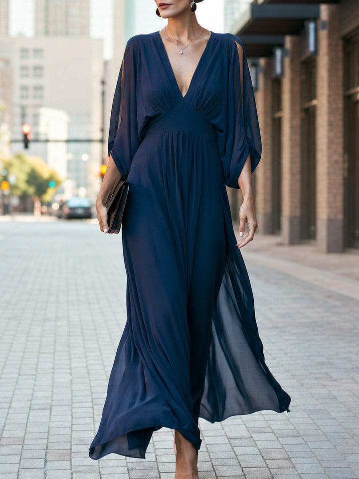 Deep V-Neck Split Sleeve Flowy Maxi Dress