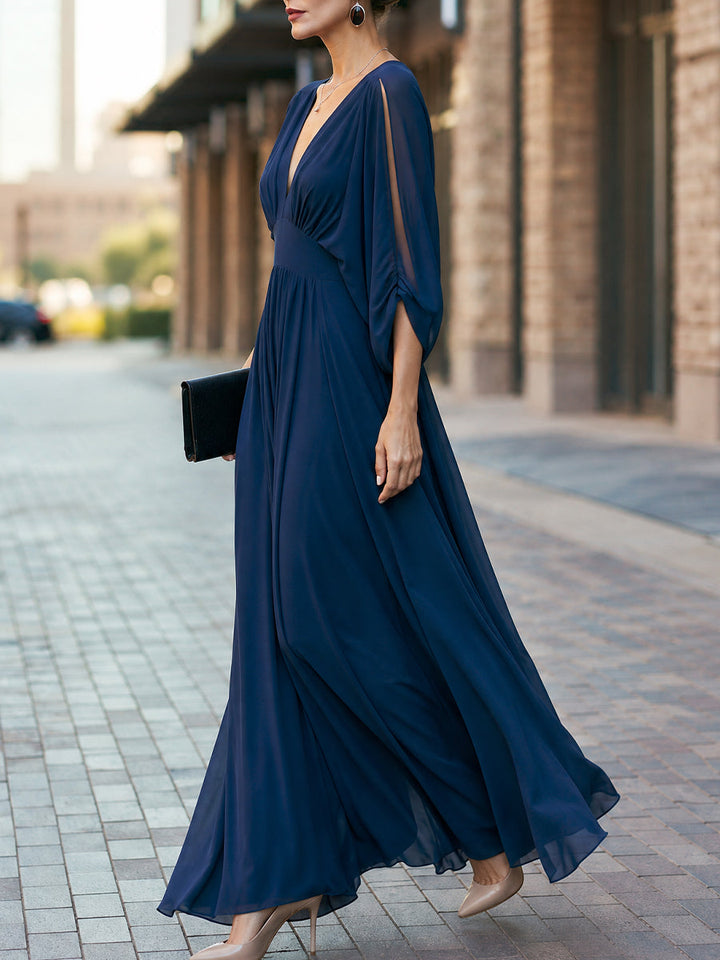Deep V-Neck Split Sleeve Flowy Maxi Dress