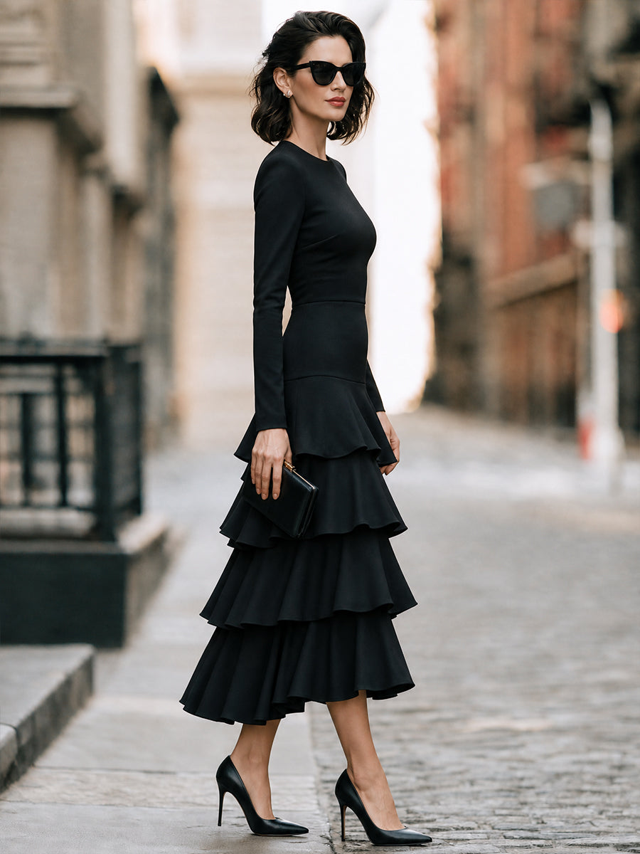 Elegant Long Sleeve Tiered Ruffle Midi Dress