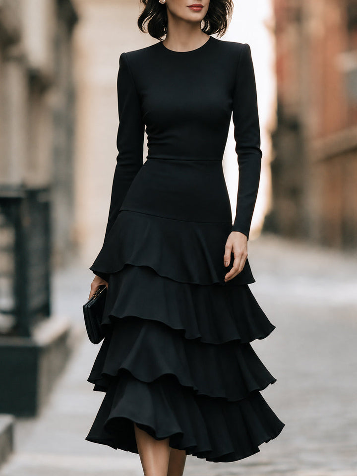Elegant Long Sleeve Tiered Ruffle Midi Dress