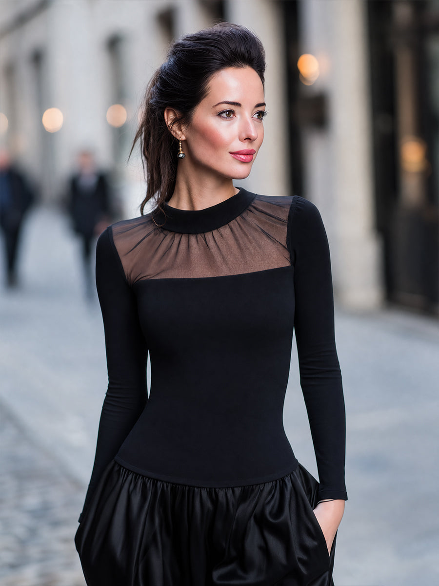 Mesh Panel Long Sleeve Fitted Top