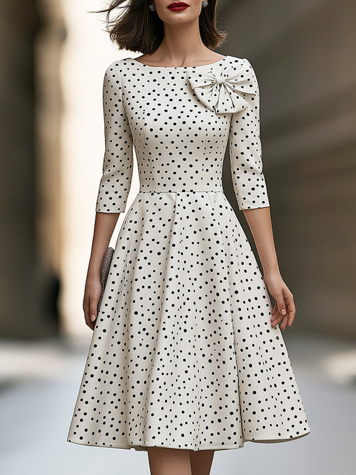 Elegant Polka Dot Bow Detail A-Line Midi Dress