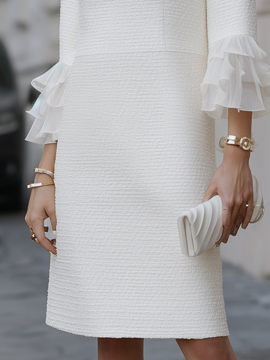 Crew-Neck Textured Shift Dress With Tiered Ruffle Sleeves