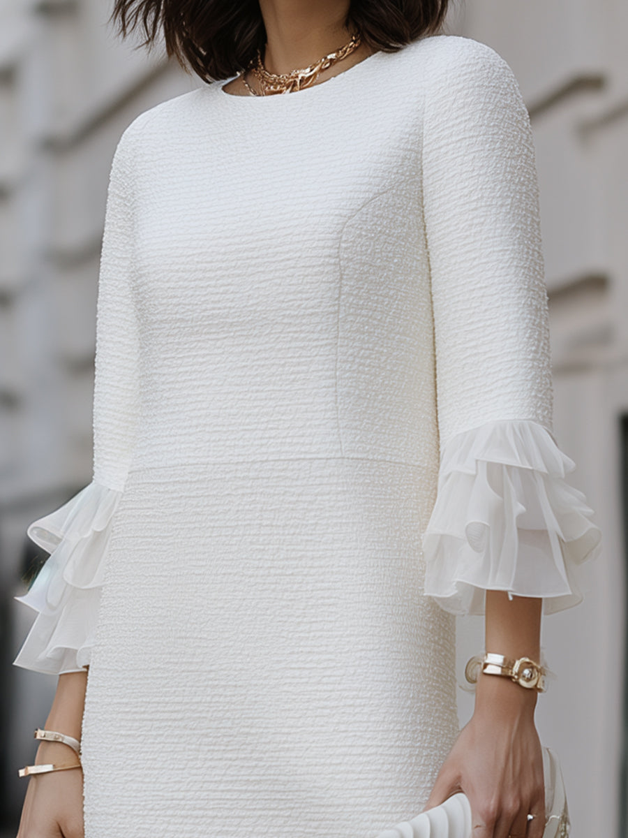 Crew-Neck Textured Shift Dress With Tiered Ruffle Sleeves