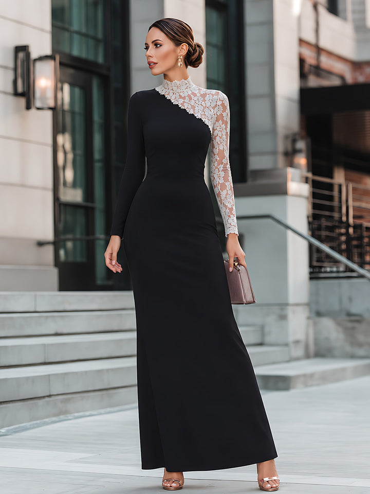 Asymmetric Lace-Spliced Maxi Dress