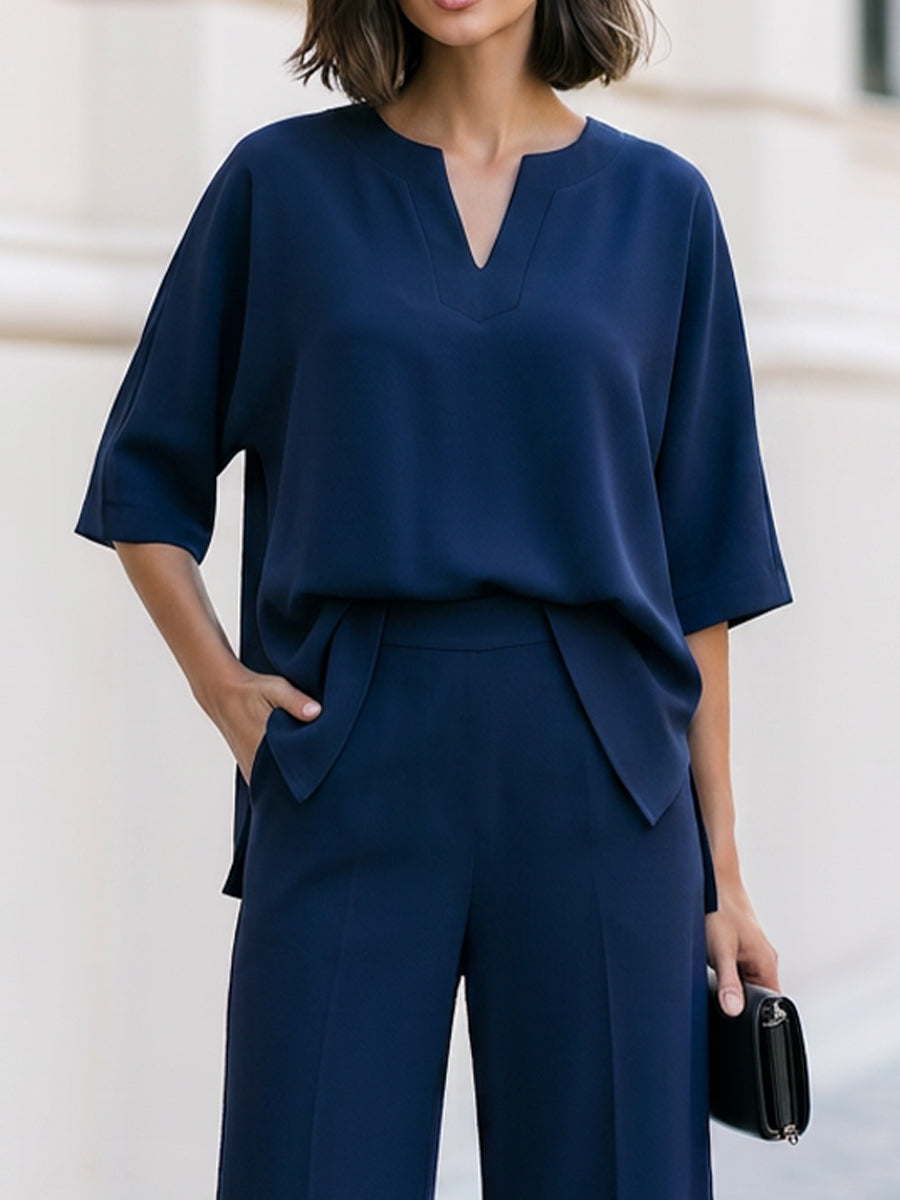 Notch V-Neck Dolman Blouse & High Waist Wide Leg Pants Two-Piece Set