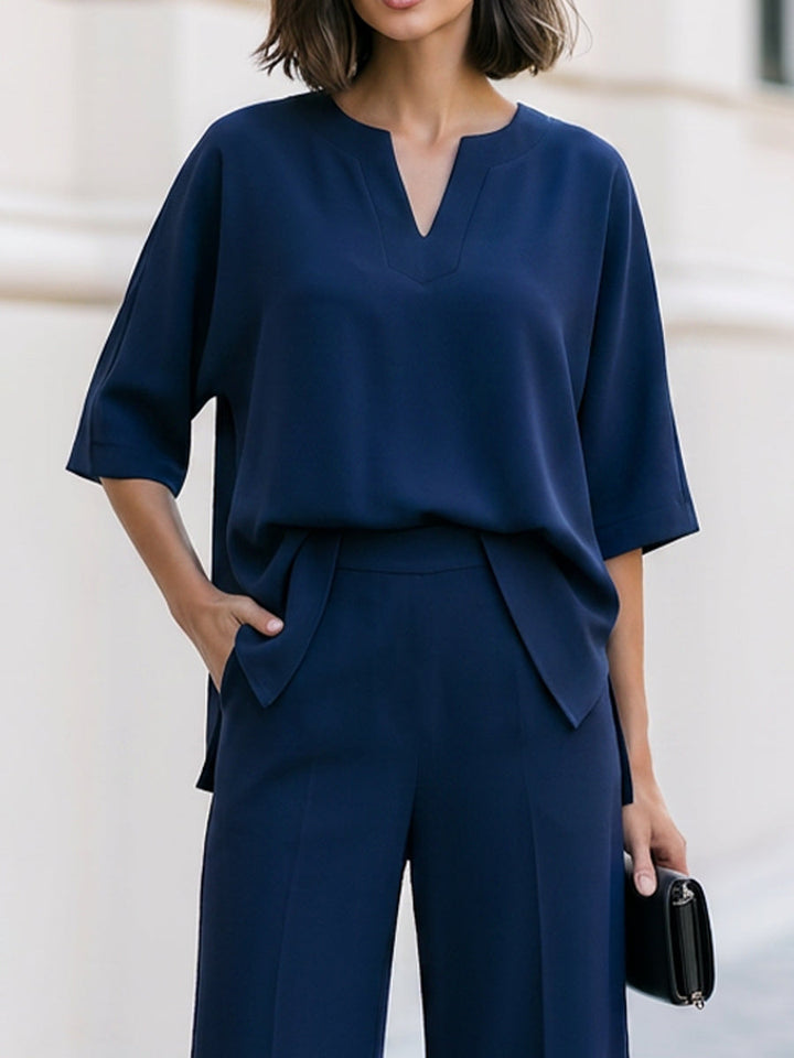 Notch V-Neck Dolman Blouse & High Waist Wide Leg Pants Two-Piece Set