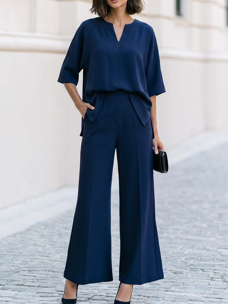 Notch V-Neck Dolman Blouse & High Waist Wide Leg Pants Two-Piece Set