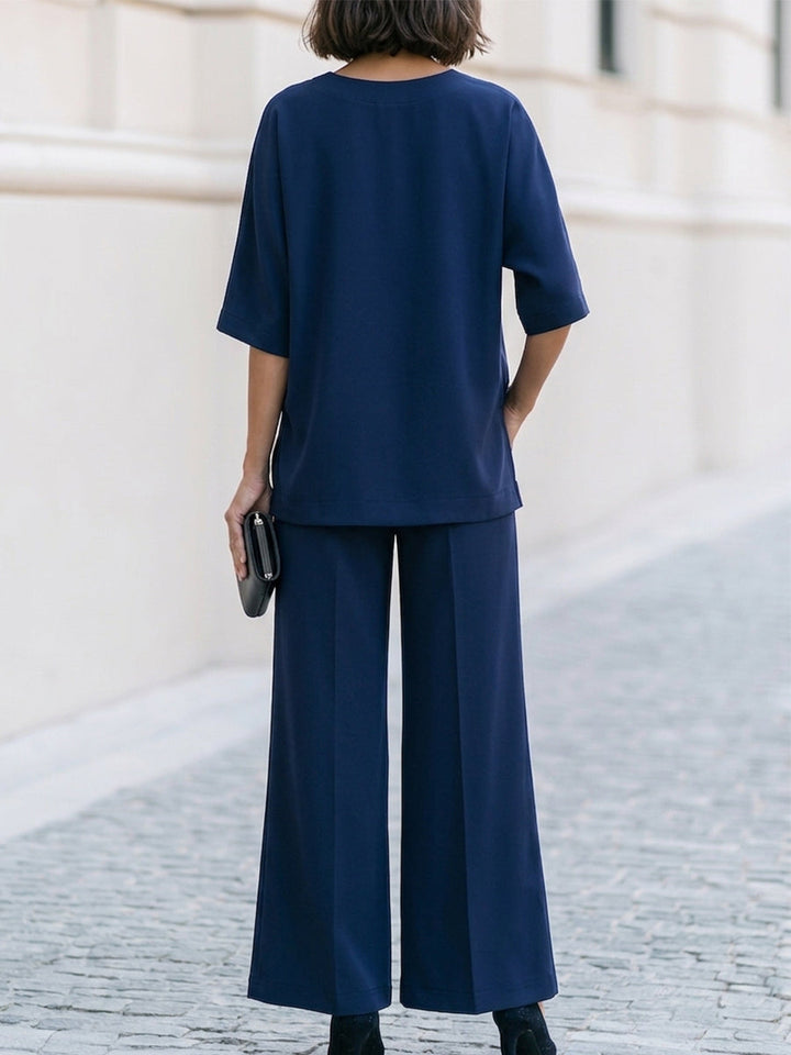 Notch V-Neck Dolman Blouse & High Waist Wide Leg Pants Two-Piece Set