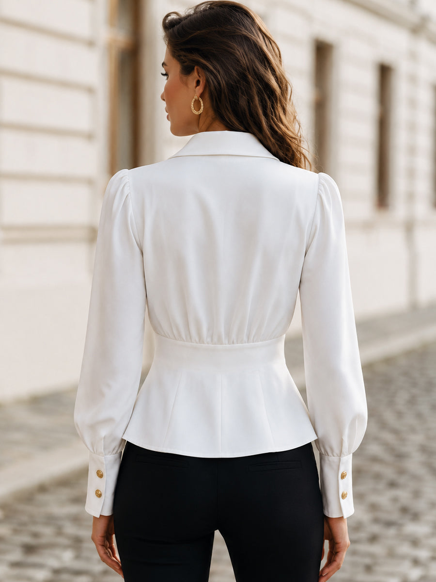 Collared V-Neck Puff Sleeve Peplum Blouse, Business & Semi-Formal Top