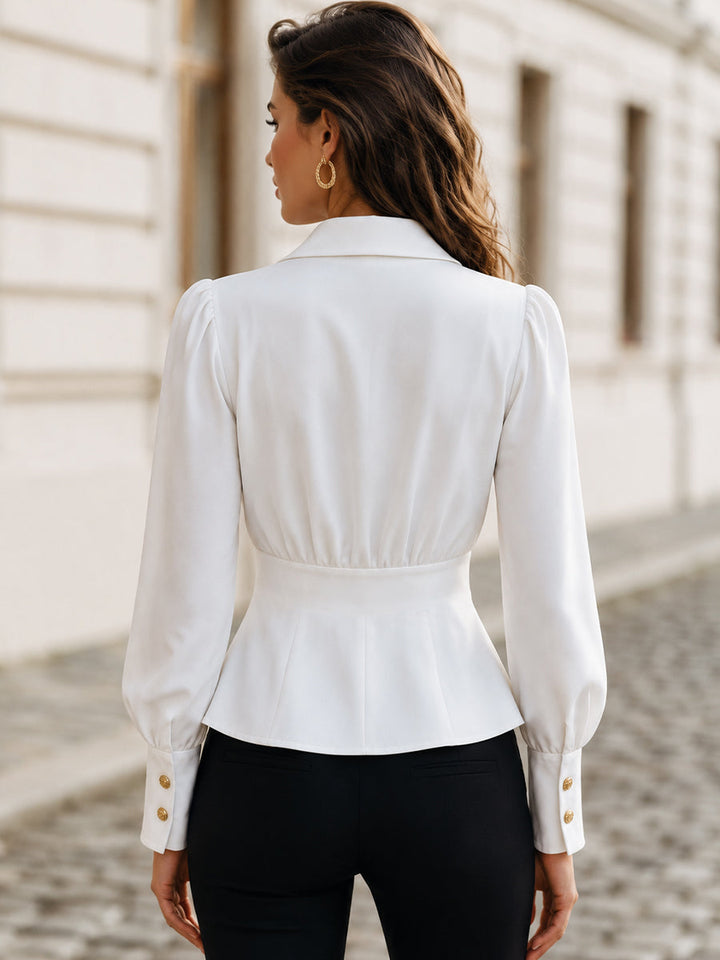 Collared V-Neck Puff Sleeve Peplum Blouse, Business & Semi-Formal Top
