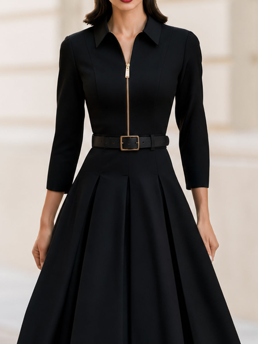 Collar Zip Front 3/4 Sleeve Belted Pleated Midi Dress