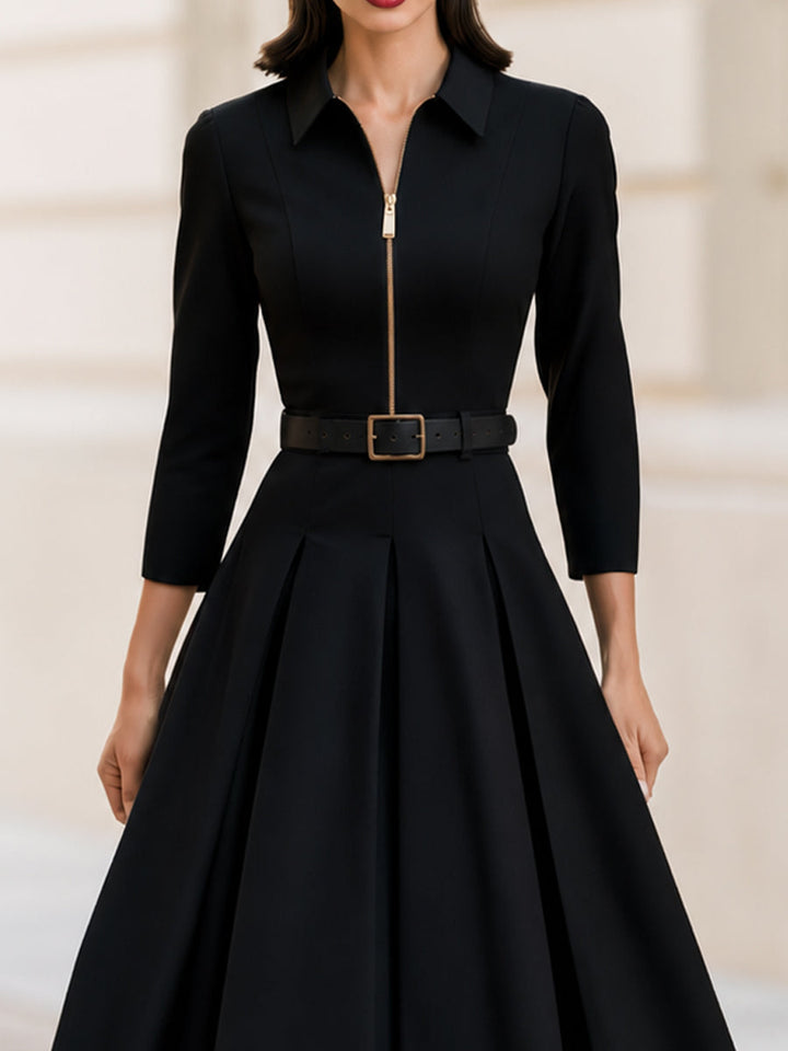 Collar Zip Front 3/4 Sleeve Belted Pleated Midi Dress