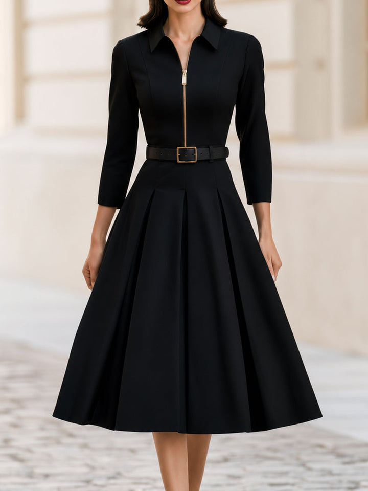 Collar Zip Front 3/4 Sleeve Belted Pleated Midi Dress
