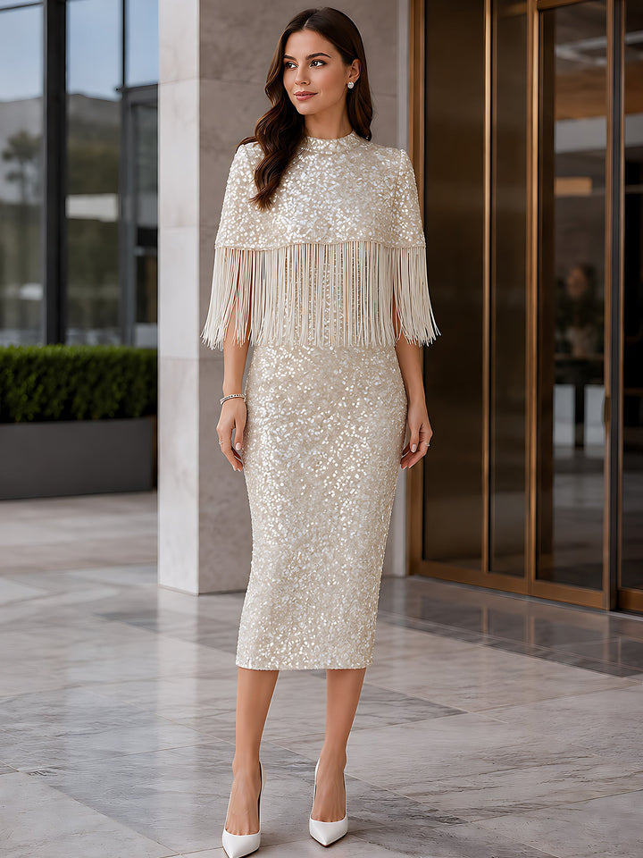 Sequin Fringe Cape Midi Dress