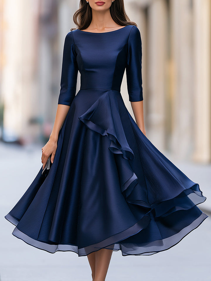 Elegant Navy Blue Ruffle A-Line Midi Dress