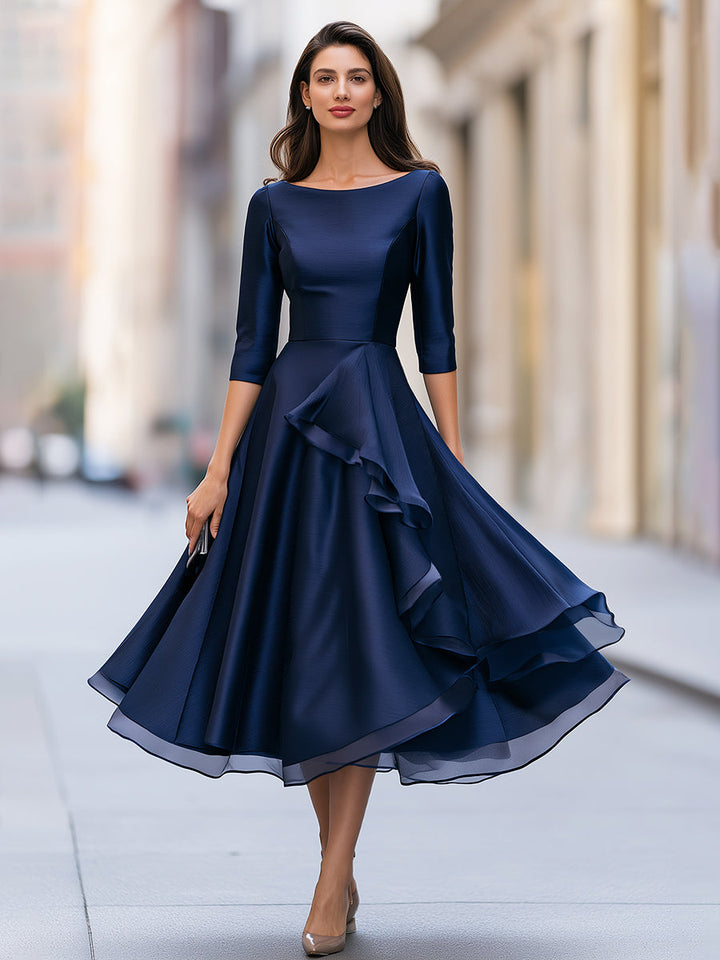 Elegant Navy Blue Ruffle A-Line Midi Dress