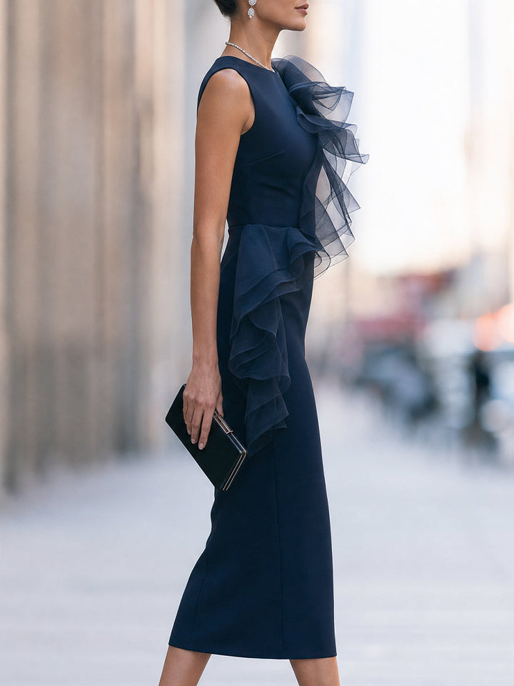 Elegant Navy Sleeveless Sheath Midi Dress with Asymmetric Mesh Ruffle Detail