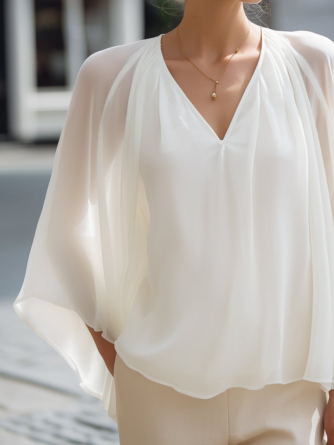 Pleated Cape-Sleeve Chiffon Blouse