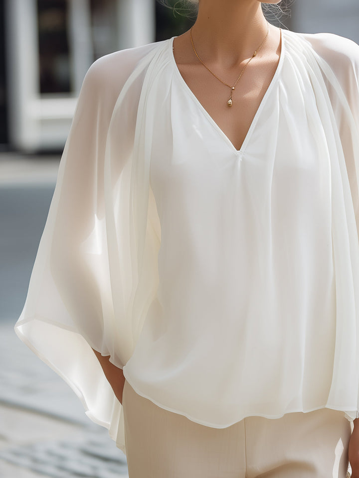 Pleated Cape-Sleeve Chiffon Blouse
