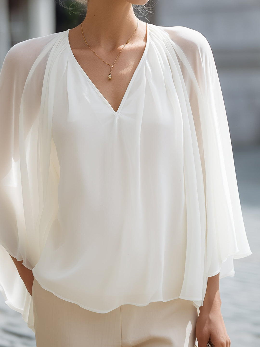 Pleated Cape-Sleeve Chiffon Blouse