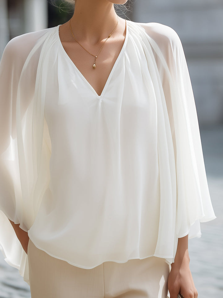 Pleated Cape-Sleeve Chiffon Blouse