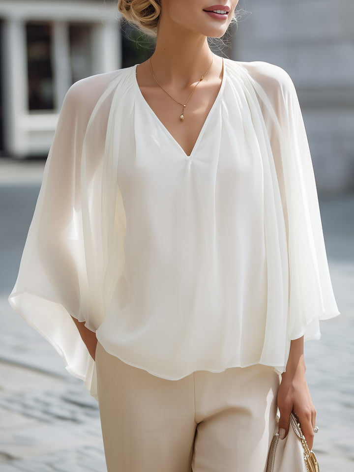 Pleated Cape-Sleeve Chiffon Blouse