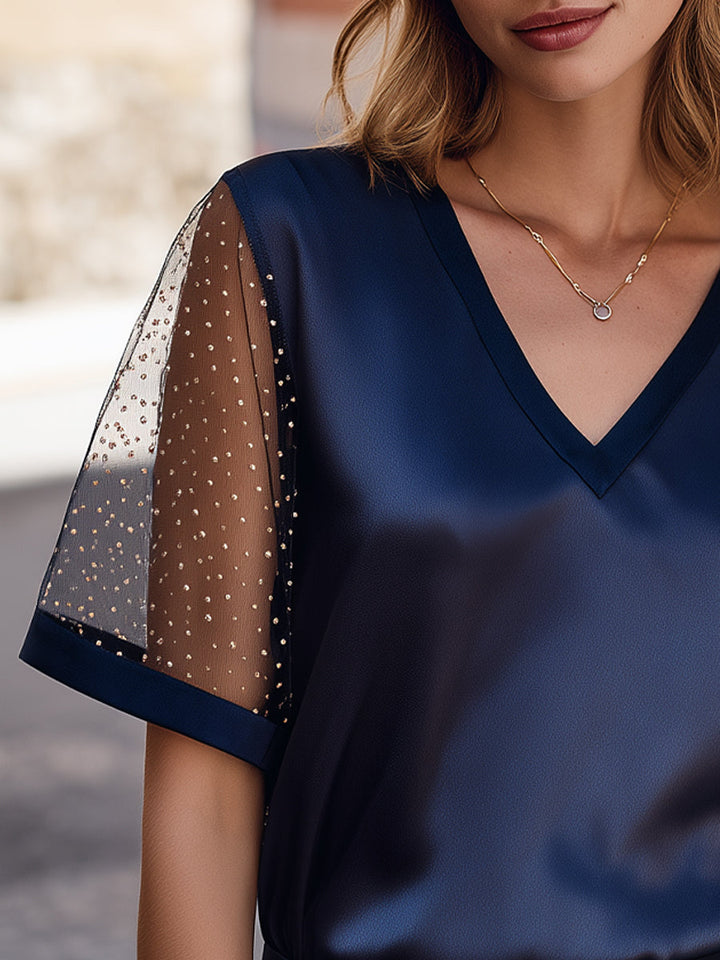 Sheer Polka-Dot Panel V-Neck Structured Top